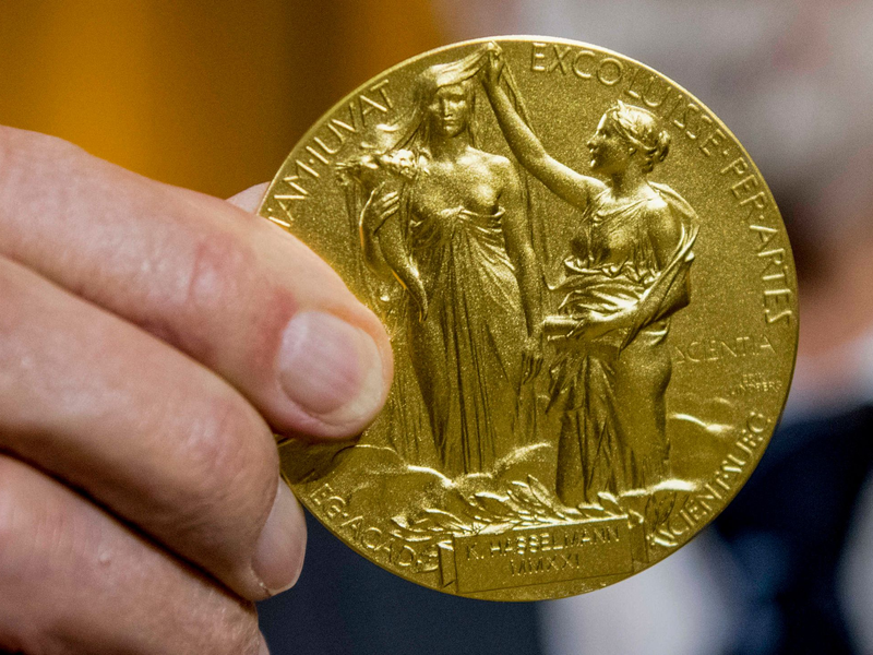 Die Rückseite der Nobel-Medaille für Physik stellt die Natur in Form einer Göttin dar, die ein Füllhorn hält. Der Schleier, der ihr Gesicht bedeckt, wird vom Genie der Wissenschaft hochgehalten. (Archivbild) - Foto: Stefanie Loos/AP-Pool/dpa