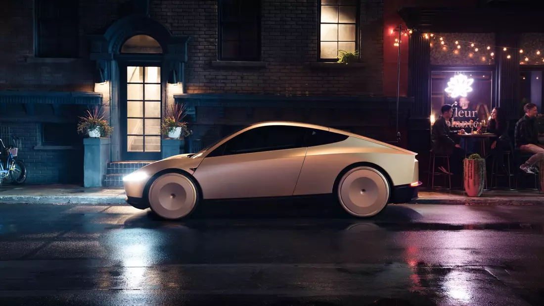 Das Fahrzeug mit den Namen «Cybercab» hat zwei nach oben öffnende Flügeltüren. - Bild: Tesla/TESLA/AAP/dpa