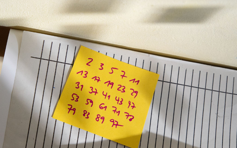 Die Primzahlen bis 100 stehen auf einem Zettel geschrieben. (Symbolbild) - Foto: Viola Lopes/dpa
