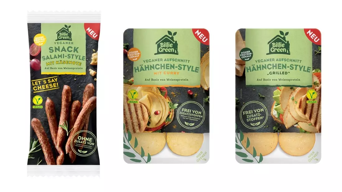 Hähnchen-Style oder Salami-Snack? Hauptsache lecker und vegan! / Billie Green präsentiert neue Aufschnitt-Sorten und deftigen Snack - Bild: presseportal.de