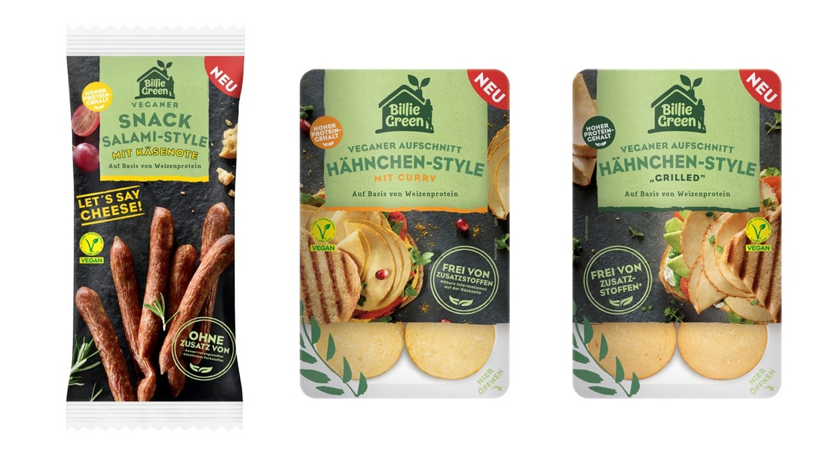Hähnchen-Style oder Salami-Snack? Hauptsache lecker und vegan! / Billie Green präsentiert neue Aufschnitt-Sorten und deftigen Snack - Foto: presseportal.de