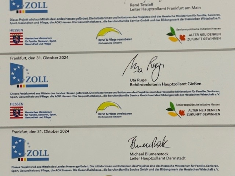 HZA-GI: Verleihung der Urkunden zur Charta Vereinbarkeit Beruf und Pflege an drei Hauptzollämter in der Region - Foto: presseportal.de