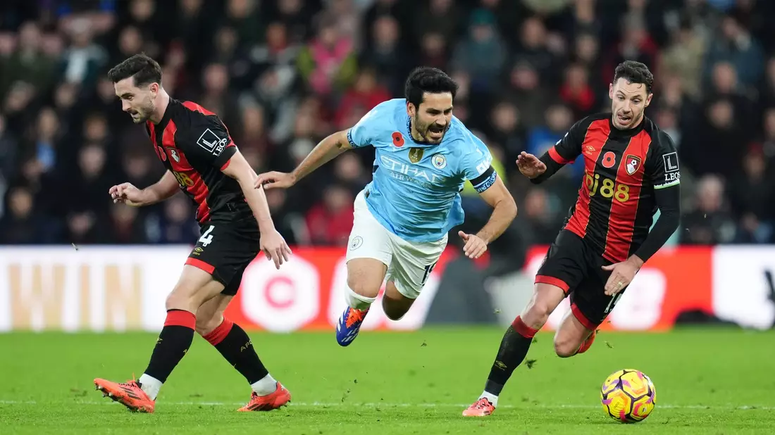 Stolperfalle Bournemouth: Ex-DFB-Kapitän Ilkay Gündogan (M) unterlag mit den Skyblues. - Bild: Adam Davy/PA Wire/dpa