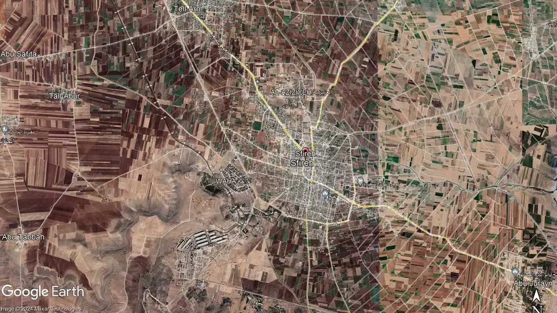 In der Umgebung der syrischen StadtAl-Safira sollen Explosionen zu hören gewesen sein. (Archivbild) - Bild: -/Google/dpa
