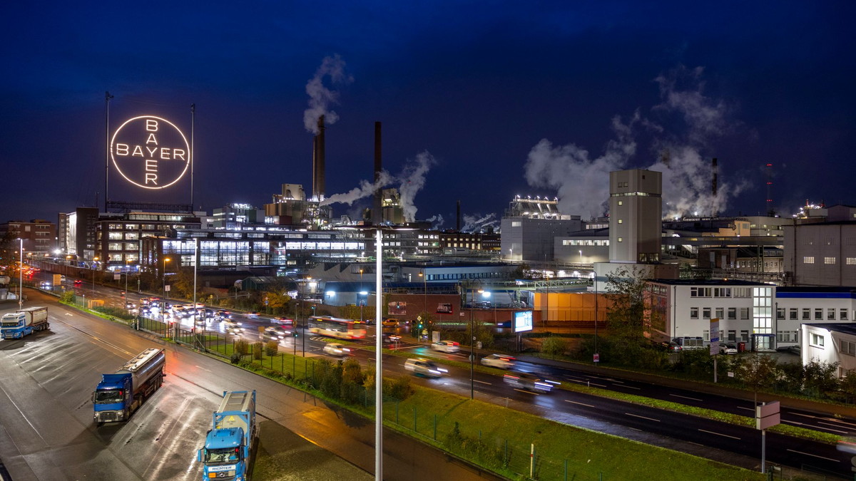Das Bayer-Kreuz, das Logo des Unternehmens, leuchtet auf dem Werksgelände von Bayer in Leverkusen.  - Foto: Thomas Banneyer/dpa