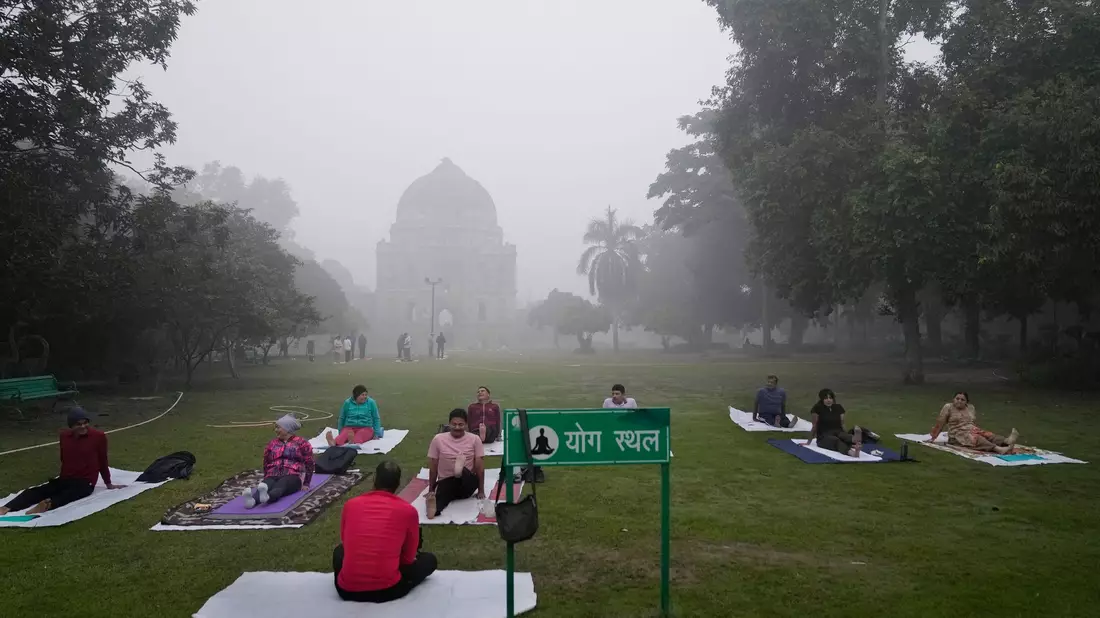 Menschen machen trotz extremer Luftverschmutzung Yoga in einem Park in Neu-Delhi.  - Bild: Manish Swarup/AP