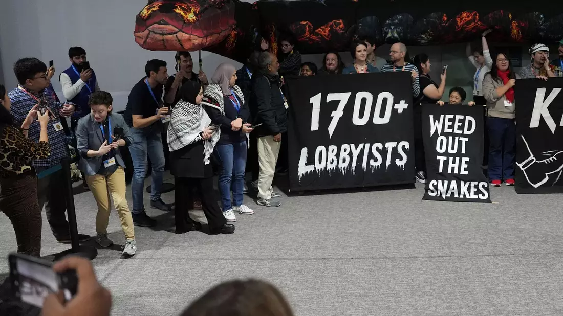 Aktivisten kritisieren die Macht fossiler Lobbyisten. - Bild: Joshua A. Bickel/AP/dpa