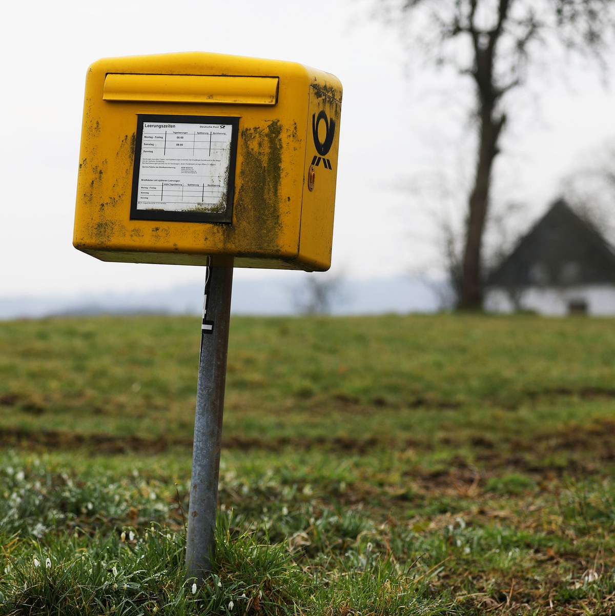 Ein Briefkasten der Deutschen Post steht auf einer Wiese am Rand einer Siedlung im Bergischen Land (NRW).  - Foto: Oliver Berg/dpa