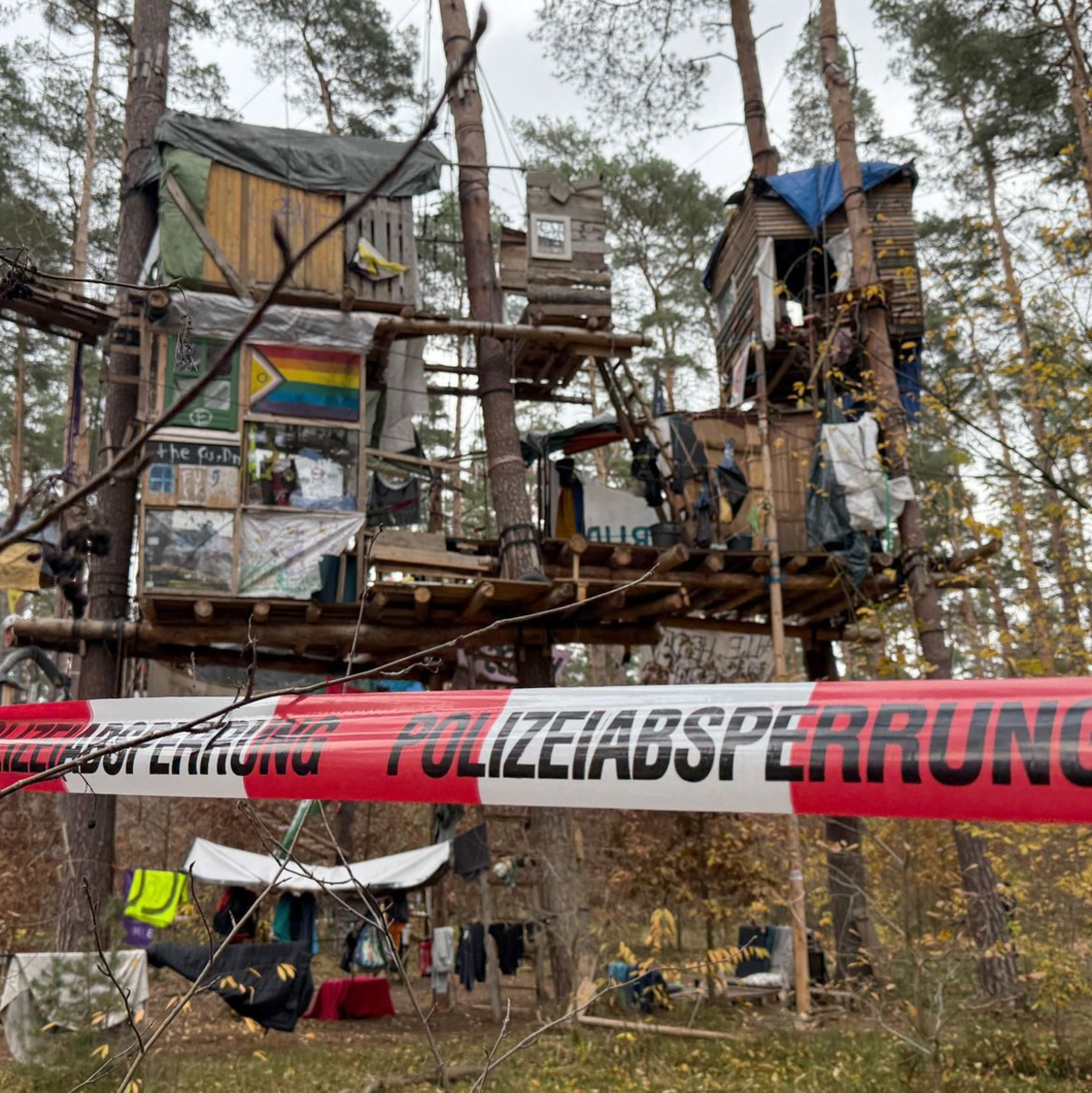 Polizeikräfte sichern das Waldgebiet hinter einer Absperrung. Umweltaktivisten, die gegen Tesla protestieren, müssen ihr Camp räumen.  - Foto: Lutz Deckwerth/dpa