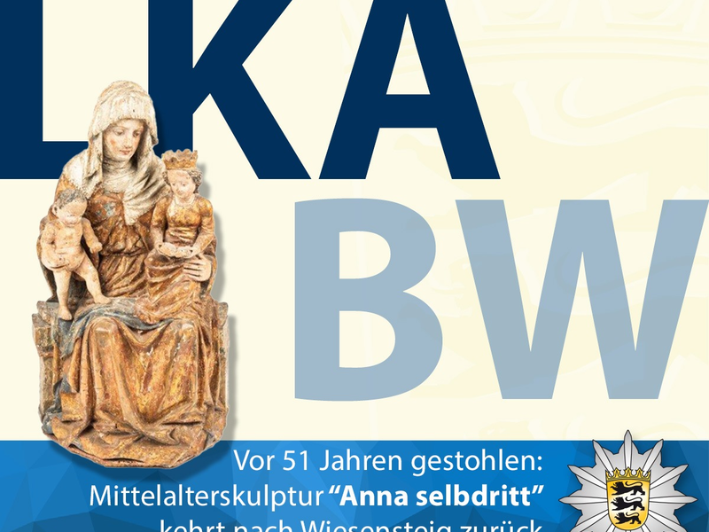 LKA-BW: Vor 51 Jahren gestohlene Mittelalterskulptur kehrt am 22. November nach Wiesensteig zurück - Landeskriminalamt wird bei Auktion in der Schweiz fündig - Foto: presseportal.de