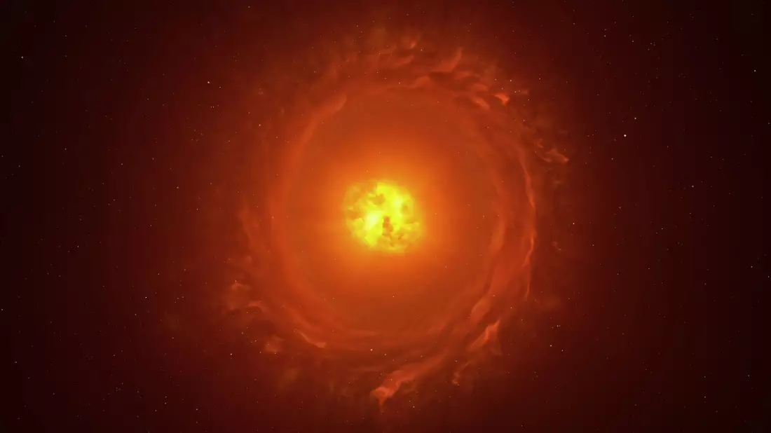 So könnte der Stern WOH G64 tatsächlich aussehen. (grafische Darstellung) - Bild: L. Calçada/Eso/dpa