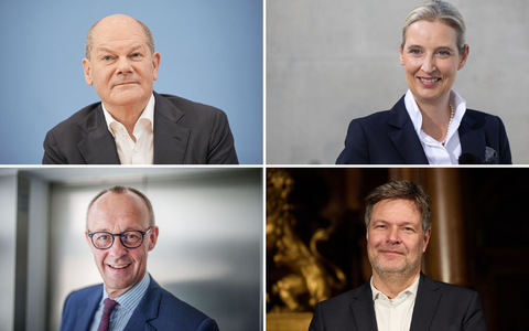 Olaf Scholz (SPD), Alice Weidel (AfD), Friedrich Merz (CDU), Robert Habeck (Bündnis 90/Die Grünen) - Spitzenkandidaten ihrer Parteien und mögliche neue Regierungschefs in Deutschland. - Foto: Kappeler/Albert/Wendt/dpa