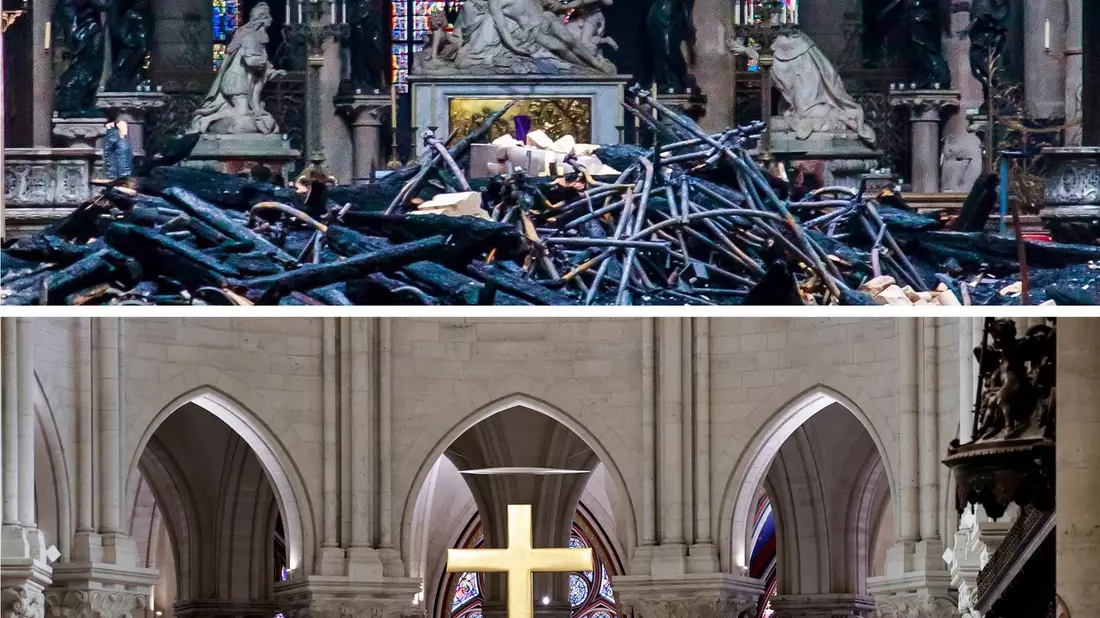 Vor und nach dem Brand - Bild: Petit Tesson/ de Sakutin/POOL EPA AFP/AP/dpa
