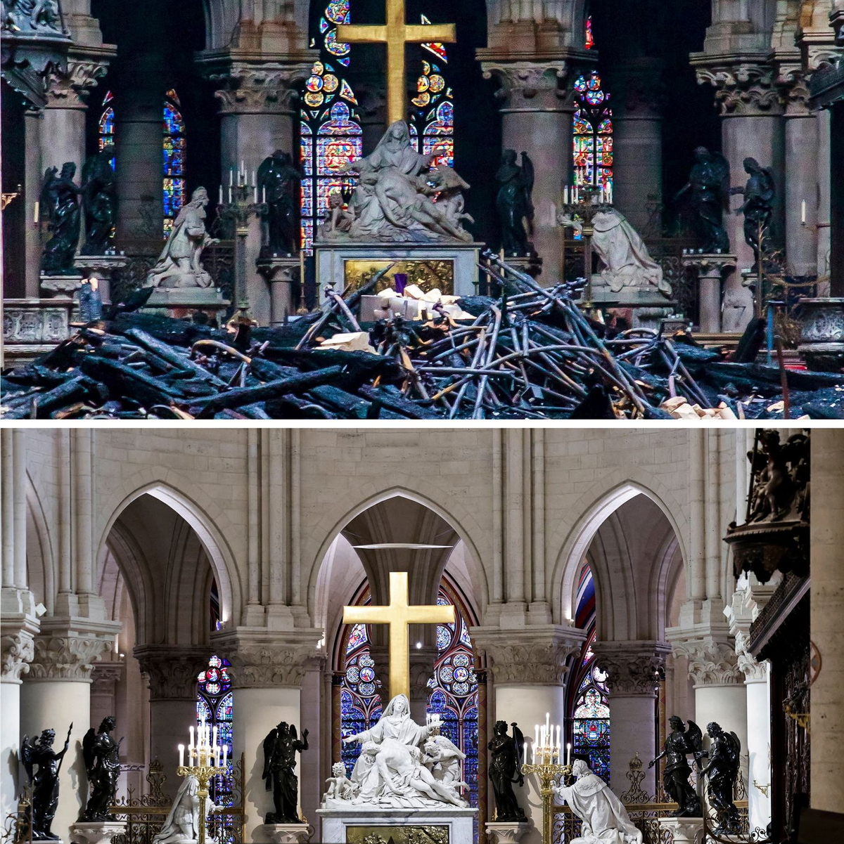 Vor und nach dem Brand - Foto: Petit Tesson/ de Sakutin/POOL EPA AFP/AP/dpa