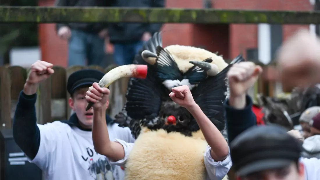 Die Klaasohms tragen traditionell Masken, Schafsfelle und Vogelfedern. - Bild: Lars Penning/dpa