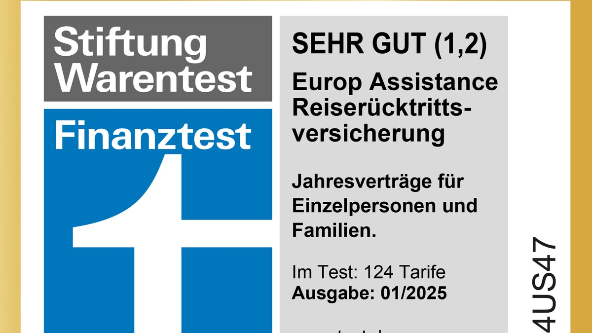 Europ Assistance zum fünften Mal in Folge Testsieger - Stiftung Warentest zeichnet Reiserücktrittsversicherung Jahresschutz mit SEHR GUT (1,2) aus - Foto: presseportal.de