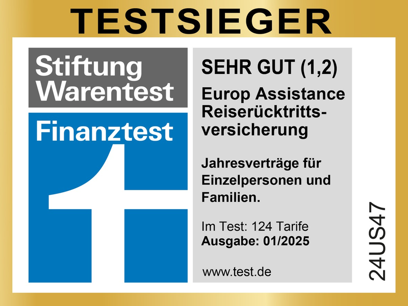 Europ Assistance zum fünften Mal in Folge Testsieger - Stiftung Warentest zeichnet Reiserücktrittsversicherung Jahresschutz mit SEHR GUT (1,2) aus - Foto: presseportal.de
