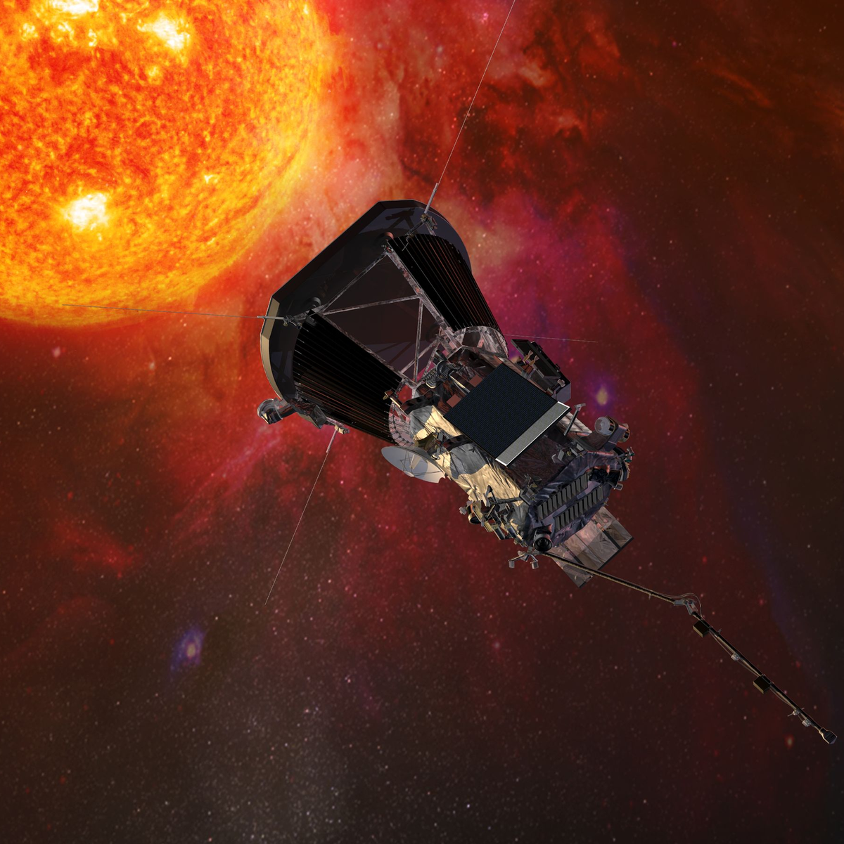 Die Sonde «Parker Solar Probe» auf dieser Computergrafik ist 2018 gestartet. (Archivbild) - Foto: Johns Hopkins University Applied Physics Laboratory/Nasa/dpa