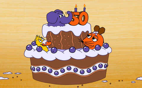 Der kleine Elefant, die Maus und die Ente sitzen auf einer Torte - am 5. Januar 2025 hat der Elefant seinen 50. Geburtstag. (Bild: WDR) - Foto: Friedrich Streich/Trickstudio Lutterbeck WDR/dpa