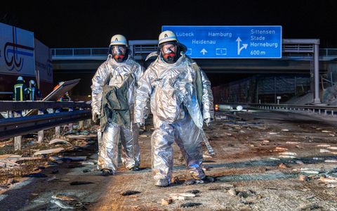 Die Forellen wurden bei dem Unfall über die Fahrbahn verteilt. - Foto: JOTO/dpa