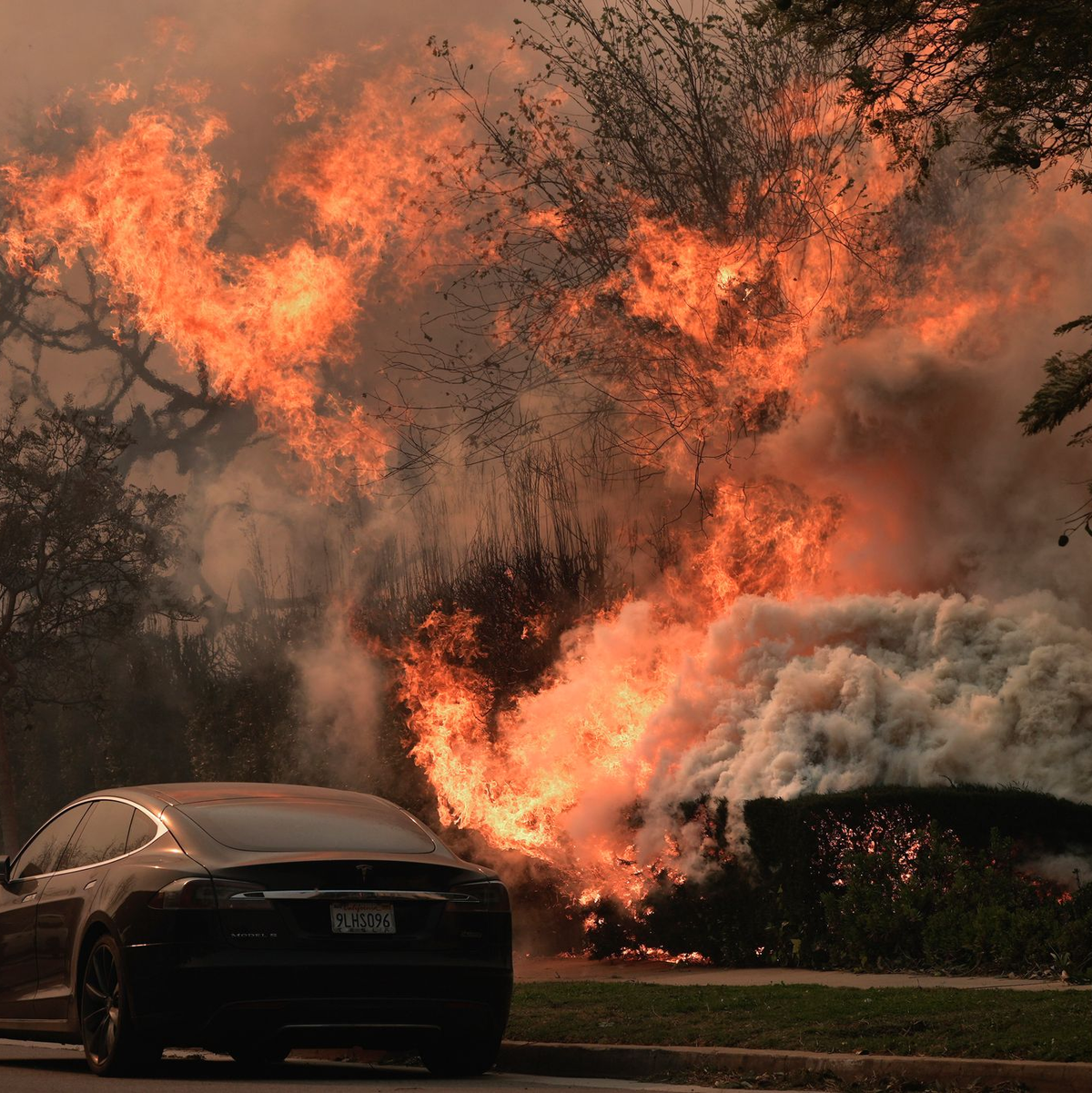 Feuerwehrleute arbeiten in Los Angeles daran, einen Hausbrand zu löschen. - Foto: Damian Dovarganes/AP/dpa