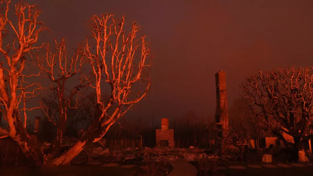 Nancy Belanger gießt Wasser auf das vom Feuer verwüstete Grundstück eines Nachbarn im Stadtteil Pacific Palisades von Los Angeles. - Bild: Jae C. Hong/AP/dpa