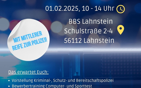 POL-PPKO: Tag der offenen TĂŒr BBS Lahnstein - Polizeidienst & Verwaltung - VorfĂŒhrungen & Bewerbungstraining - Foto: presseportal.de POL-PPKO: Tag der offenen TĂŒr BBS Lahnstein - Polizeidienst & Verwaltung - VorfĂŒhrungen & Bewerbungstraining - Foto: presseportal.de