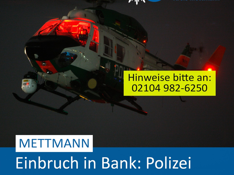 POL-ME: Einbruch in Bank: Polizei fahndete per Hubschrauber nach den Tätern - Mettmann - 2501093 - Foto: presseportal.de