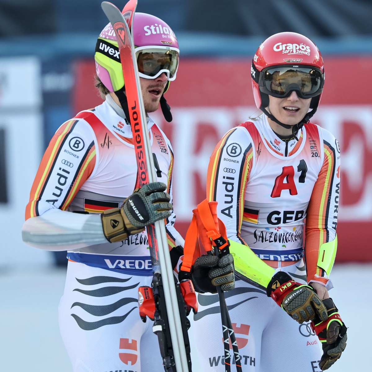 Linus Straßer (l.) und Lena Dürr schieden mit dem deutschen Team im WM-Viertelfinale gegen die Schweiz aus. - Foto: Marco Trovati/AP/dpa