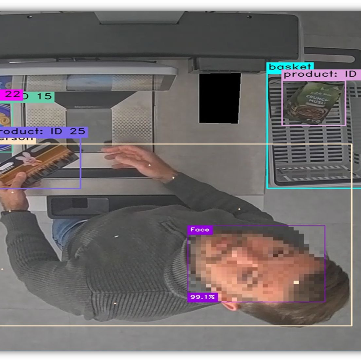 Ein Testeinkäufer steht an einer SB-Kasse und wird von einer Kamera aufgenommen. - Foto: Christoph Annemüller/Diebold Nixdorf/dpa