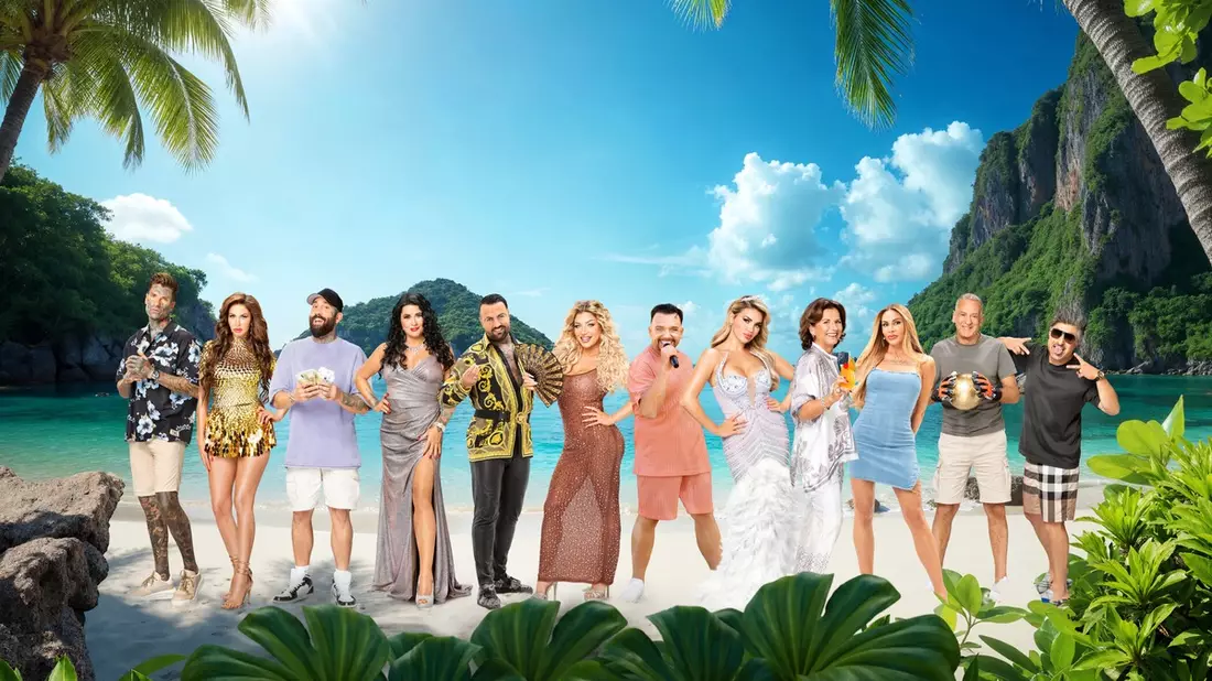 Nikola Glumac Janina Youssefian Christo Iris Klein Cosimo Citilio Melody Haase Menowin Fröhlich Kim Virginia Claudia Obert Lisha Savage Eike Immel Chico Promis unter Palmen - Bild: Joyn/Michael de Boer/Tan Nian Xing, presseportal.de