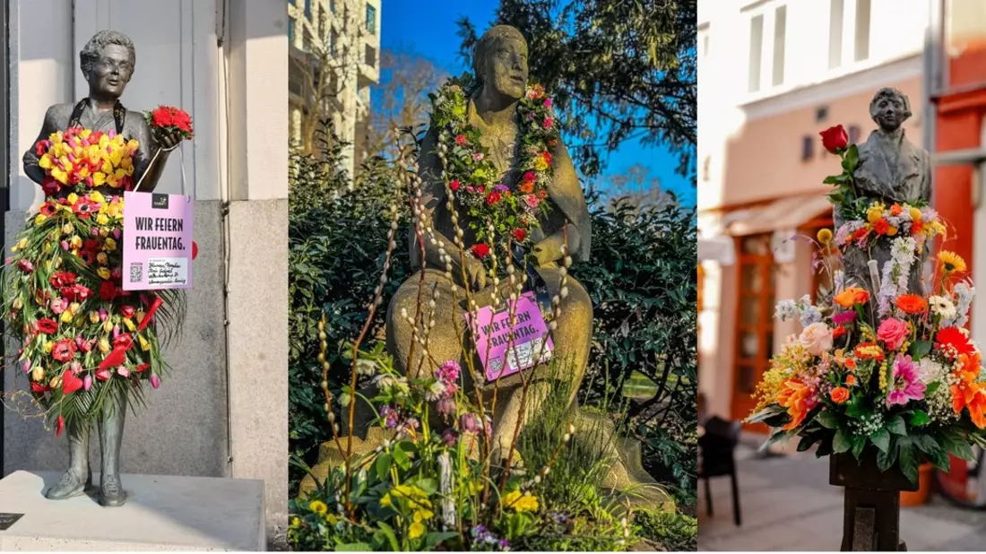 Fleurop setzt drittes Jahr in Folge ein Zeichen zum Internationalen Frauentag / Blumenschmuck für weibliche Statuen und Denkmäler deutschlandweit - Bild: presseportal.de