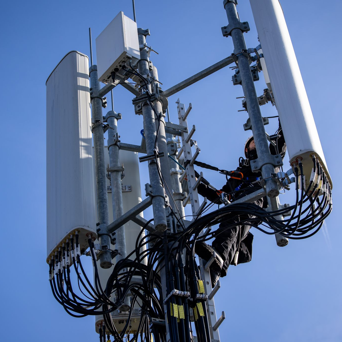 Einer von Zehntausenden Mobilfunk-Masten in Deutschland - hier einer, an dem gerade ein Techniker arbeitet. - Foto: Daniel Karmann/dpa