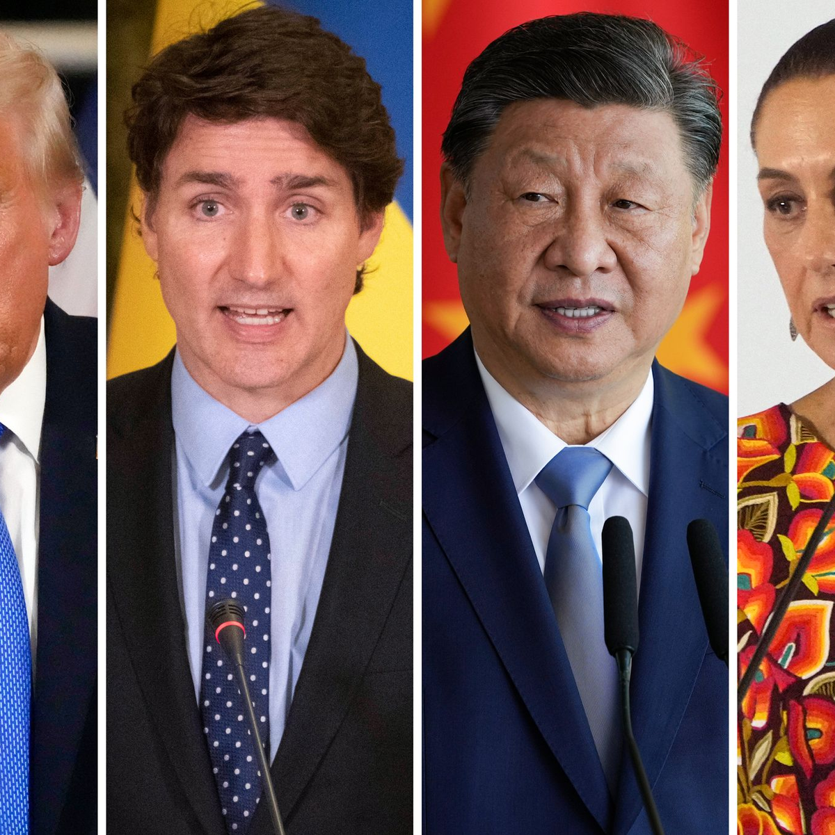US-Präsident Donald Trump, Kanadas Premierminister Justin Trudeau, Chinas Präsident Xi Jinping und Mexikos Präsidentin Claudia Sheinbaum (Archivbilder) - Foto: Uncredited/AP/dpa