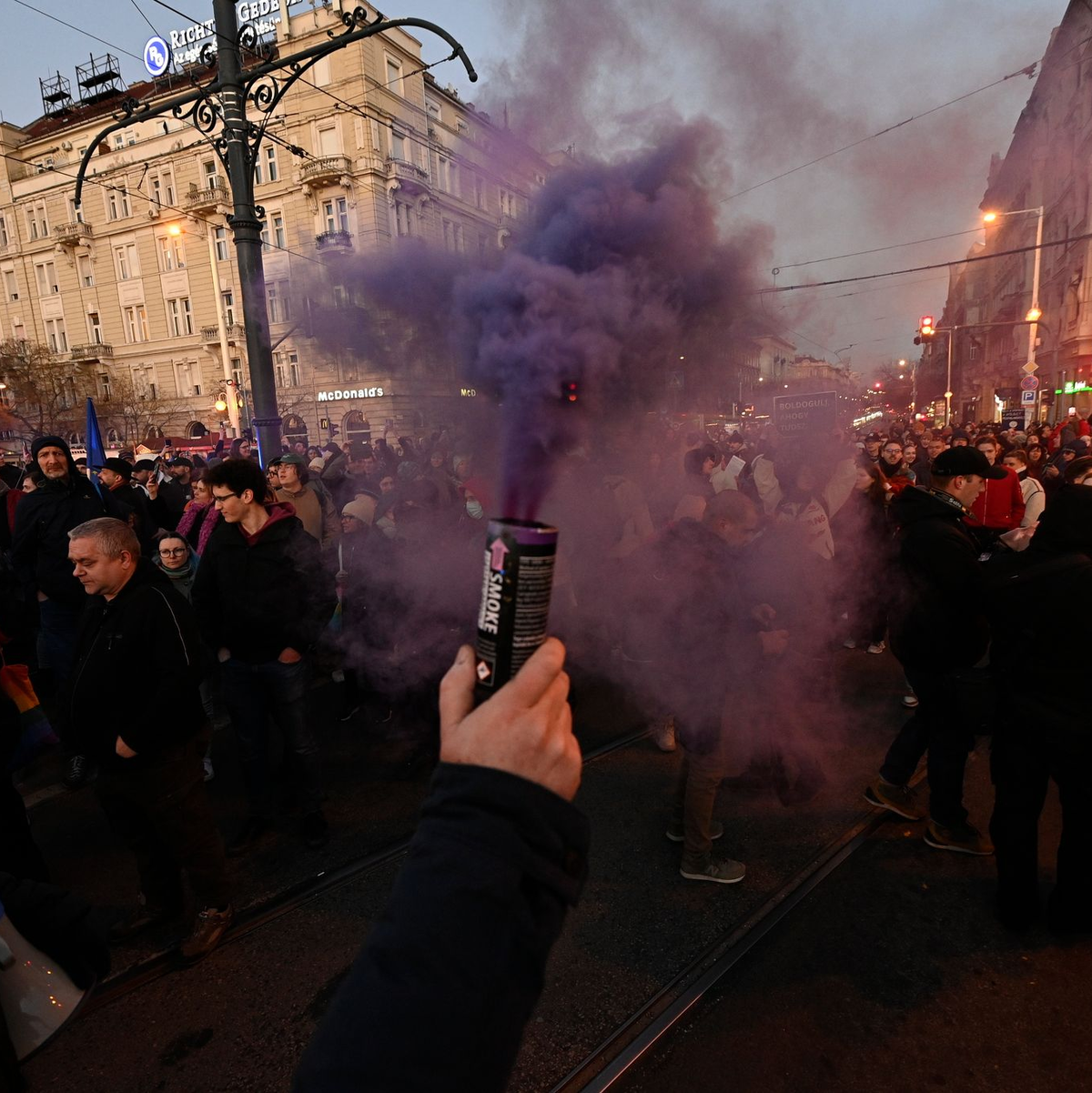 Zahlreiche Ungarn demonstrierten in Budapest gegen das kurz davor vom Parlament beschlossene Verbot der Pride-Paraden, bei denen bisher Menschen für nicht heterosexuelle Lebensformen eintraten. - Foto: Zsolt Szigetvary/MTI/AP/dpa