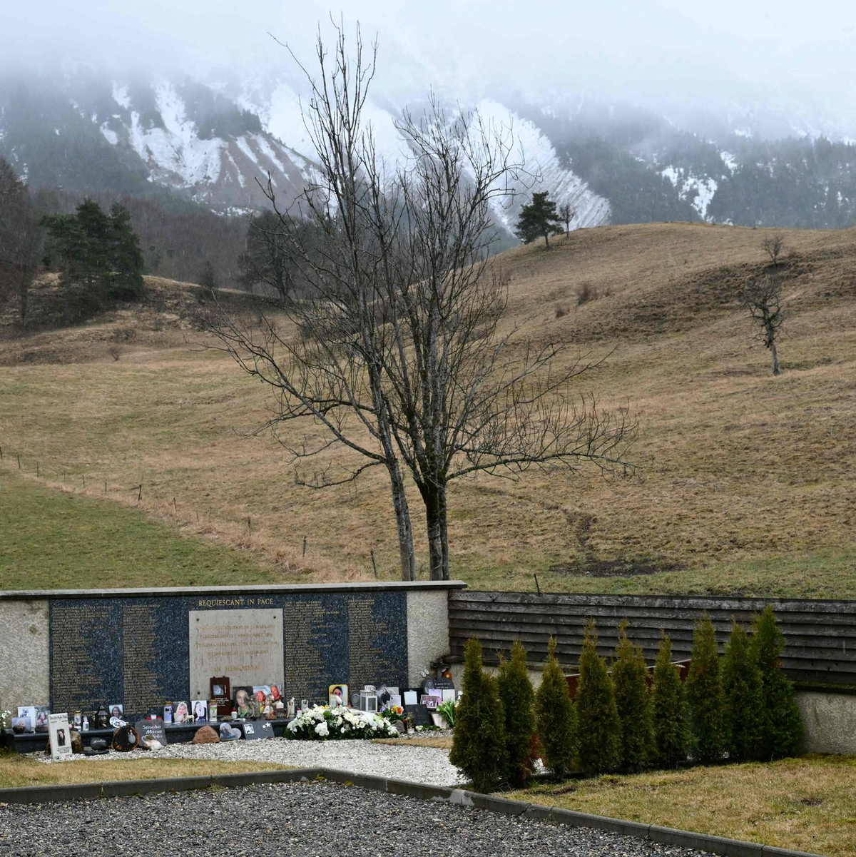 An der Gedenkstätte in Le Vernet vor den schneebedeckten Alpen sind viele nahe Angehörige der Absturzopfer zusammengekommen. - Foto: Christophe Simon/AFP/dpa