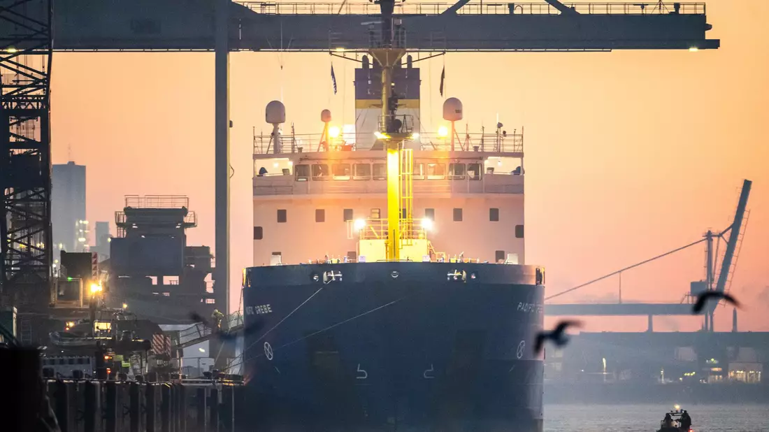 Einsatzkräfte begleiteten das Schiff bei seiner Ankunft in der Dämmerung. - Bild: Sina Schuldt/dpa