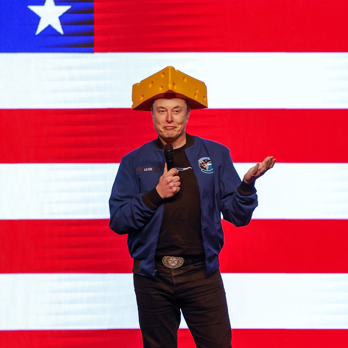 Musk ist bekannt für seine mitunter bizarren Auftritte - und trug in Wisconsin einen Käsehut zur Schau.  - Foto: Jeffrey Phelps/AP/dpa