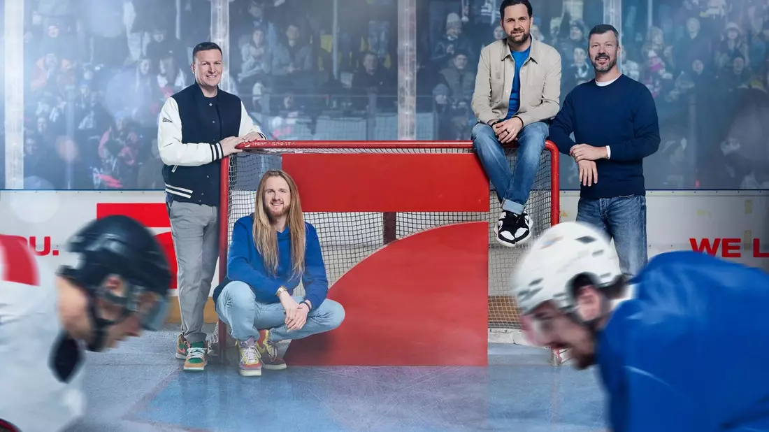 Basti Schwele Christoph Icke Dommisch Matthias Killing Rick Goldmann ran Eishockey live - Bild: Seven.One/Marc Rehbeck, presseportal.de
