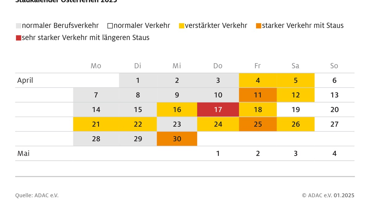 ADAC Stauprognose: 11. bis 13. April 2025 / Neun Bundesländer starten in die Osterferien / Hauptreiseaufkommen am Gründonnerstag - Foto: presseportal.de