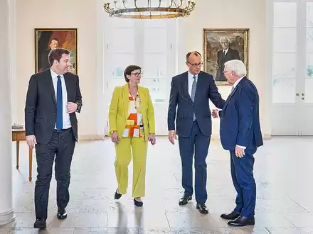 Treffen der Parteivorsitzenden von SPD und CDU mit dem Bundespräsidenten am 11.04.2025 - Foto: Bergmann, Guido/BPA,  Text: über dts Nachrichtenagentur