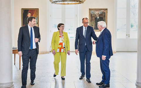 Treffen der Parteivorsitzenden von SPD und CDU mit dem Bundespräsidenten am 11.04.2025 - Foto: Bergmann, Guido/BPA,  Text: über dts Nachrichtenagentur