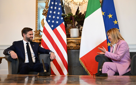 US-Vize JD Vance beim Treffen mit Italiens MInisterpräsidentin Giorgia Meloni. - Foto: Kenny Holston/Pool/ The New York Times/AP/dpa