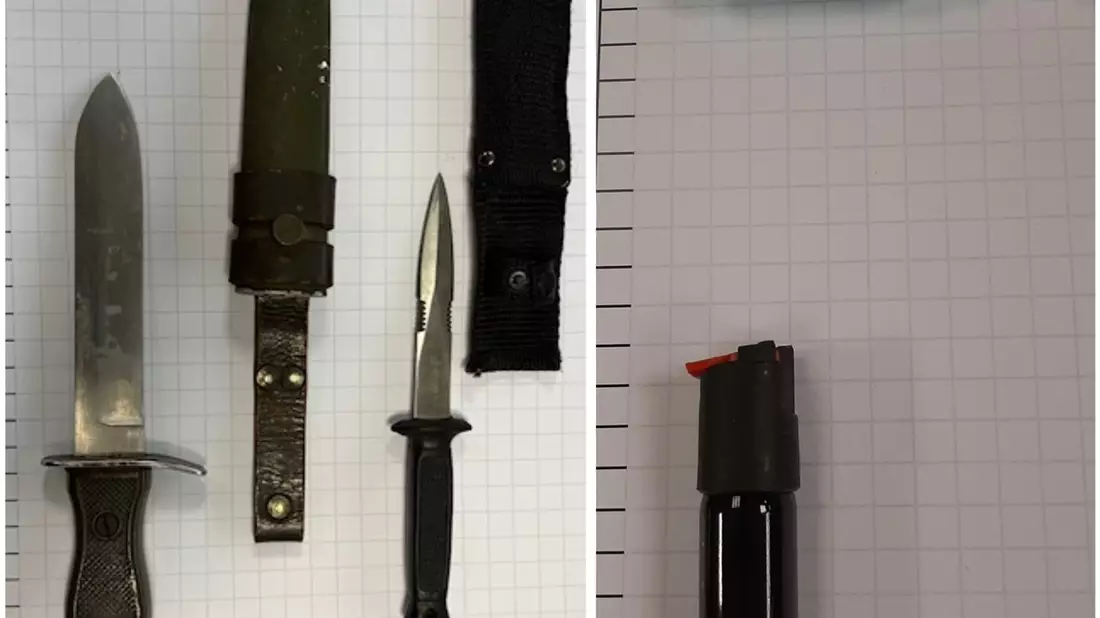 BPOL NRW: Bundespolizei findet Kampfmesser, zweiseitig geschliffenes Messer und Pfefferspray - Bild: presseportal.de