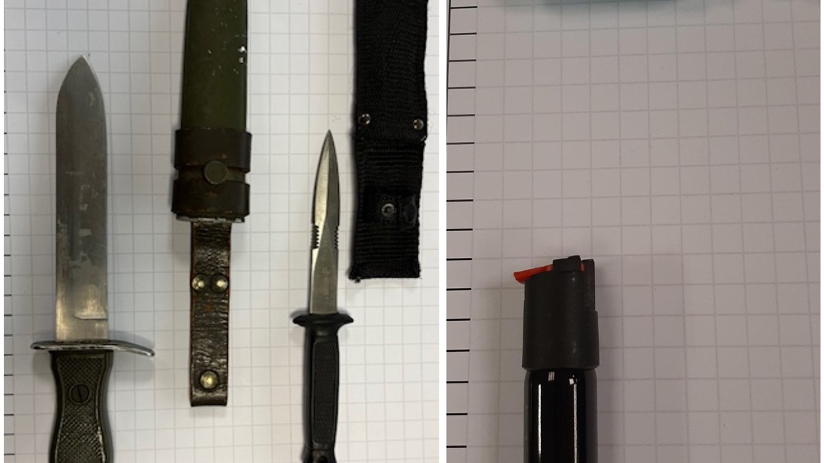 BPOL NRW: Bundespolizei findet Kampfmesser, zweiseitig geschliffenes Messer und Pfefferspray - Foto: presseportal.de