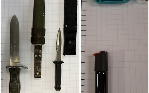 BPOL NRW: Bundespolizei findet Kampfmesser, zweiseitig geschliffenes Messer und Pfefferspray - Foto: presseportal.de