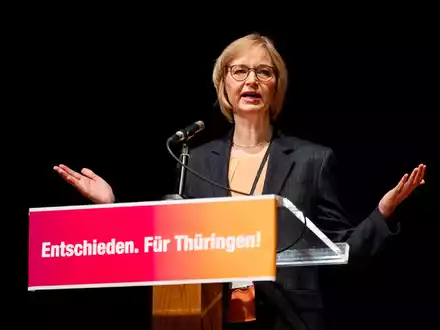 Katja Wolf setzte sich in einer Kampfkandidatur um den Thüringer Parteivorsitz durch  - Foto: Jacob Schröter/dpa