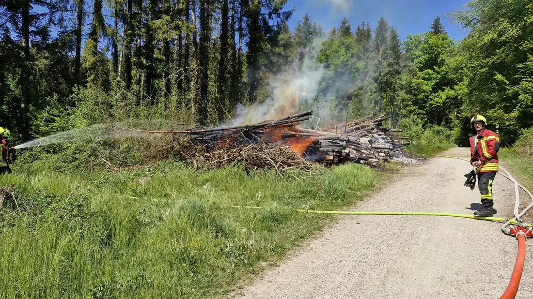 FW Reichenau: Brennenden Holzpolder im Wald gelöscht, Mehrstündiger Einsatz der Feuerwehren aus Reichenau und Konstanz, Reichenau-Waldsiedlung, 01.05.2025 - Bild: presseportal.de