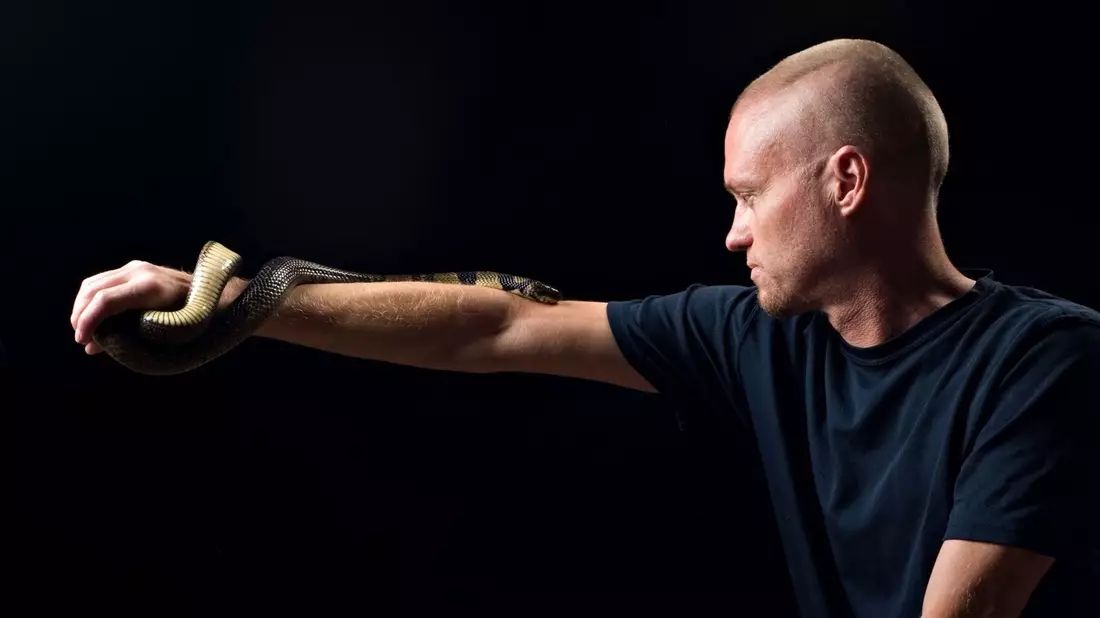 Der von Schlangen begeisterte US-Amerikaner Tim Friede hat sich selbst immer größere Dosierungen von Schlangengiften verabreicht und kann nun einfach so eine Wasserkobra auf dem Arm tragen.  - Bild: ---/Centivax/dpa