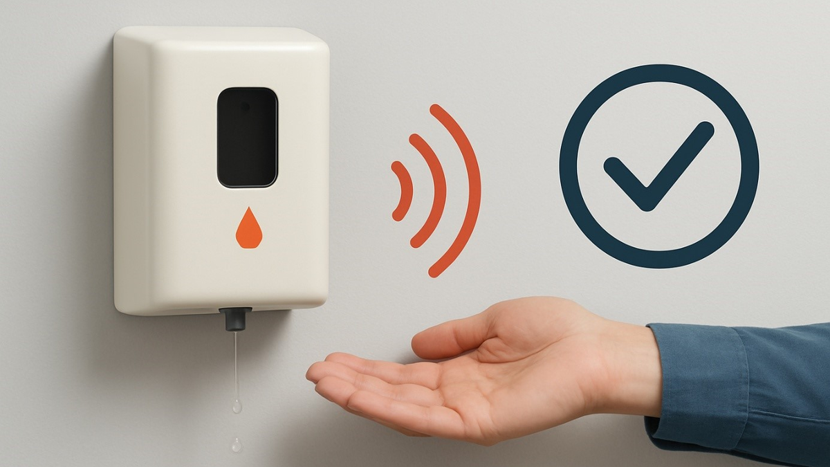 Gewerbebetriebe mieten sehr gerne berührungslose Seifenspender mit Infrarot-Sensorik - Foto: Redaktion (mithilfe von KI kreiert)